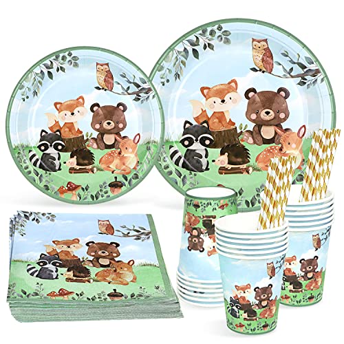 Waldtiere Geburtstag Deko Partygeschirr Set für 25 Gäste, Einweggeschirr Set 125 Stück Pappteller Pappbecher Servietten Strohhalme für Babyparty Kindergeburtstag Deko Junge Mädchen von Heboland