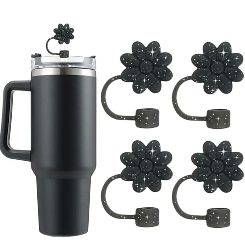 Hebterrka 4 STK Stanley Cup ZubehörSilikon Glitzer Strohhalmabdeckungen, 40&30 oz Tumbler passend, Mehrzweck Strohhalmspitzen, Schwarz von Hebterrka