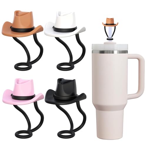 Hebterrka 4 Stück Cowboy Hut Strohhut Abdeckung für Stanley Cup 30 40 oz, 10 mm Silikon Trinkhalm Abdeckungen Männer Frauen Geschenk von Hebterrka