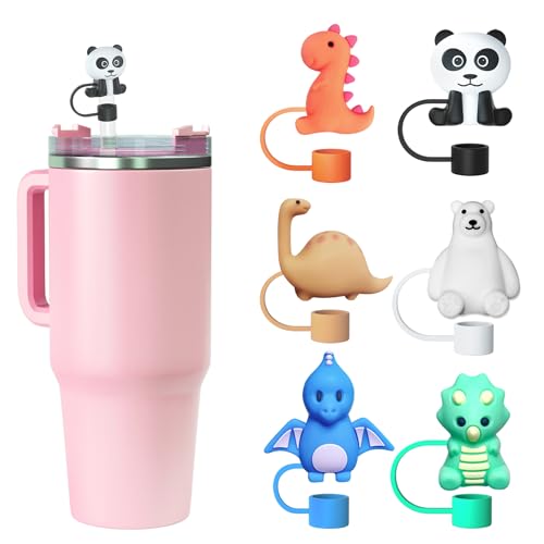 Hebterrka 6 Stück Set Stanley Cup Zubehör, Dinosaurier Strohhalm Abdeckung Strohhalm Schutz für 30&40 Oz Becher 10mm 0.4in, mit Griff von Hebterrka