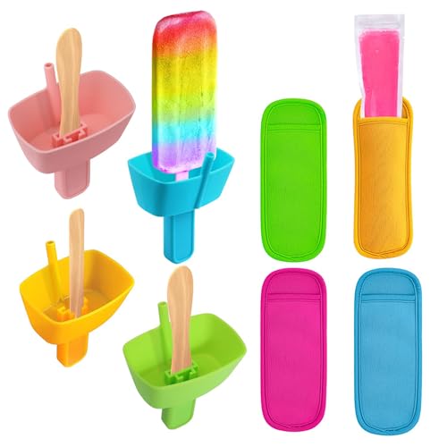 Hebterrka 8-teiliges Eis am Stiel Halter und Popsicle Ärmel Set für Kinder,Tropffreie Silikon Popsicle Halter mit Strohhalm und wiederverwendbare Neopren Eis Popsicle Ärmel von Hebterrka