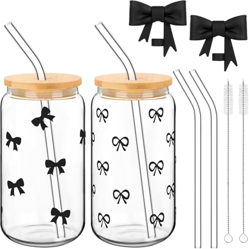 Hebterrka 2 Stück Eleganter 16 oz Glass Tumbler mit Deckel und Strohhalm, Coquette Bow Design, Vielseitig für Kaffee, Cocktails und Mehr（Schwarz） von Hebterrka