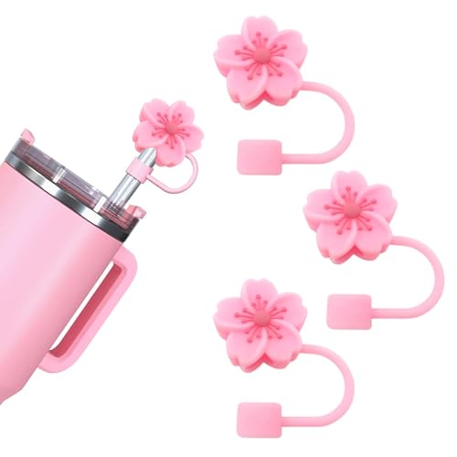 Hebterrka Strohhalm Abdeckungen, 3 Stück Pinke Blumen Strohhalm Schutz Mit Auslaufsicher Dichtung, Ideal Für Thermobecher Zubehör von Hebterrka