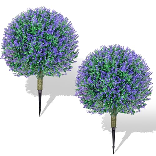 Hecaty 2er-Set Künstliche Lavendel 65cm: Realistische Kunstblumen mit Erdspieß - UV-Beständig & Lichtbeständig, Immergrüne Künstliche Pflanzen für Draußen Balkon Gärten Deko von Hecaty