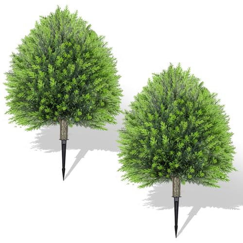 Hecaty 2er-Set Künstliche Zedern-Kugelbaum 65cm: Künstliche Zypressen Pflanze mit Erdspieß - UV-Beständig & Lichtbeständig, Immergrüne Kunstpflanzen für Drinnen und Draußen Veranda Gärten Büro von Hecaty