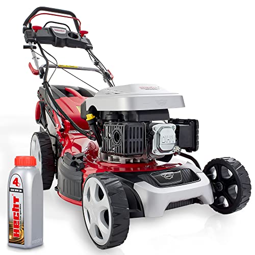 HECHT 5IN1 Benzin Rasenmäher – Leistungsstarker 4 Takt Motor mit 3,6 kW, Elektrostart, 51 cm Schnittbreite, 60l Fangkorb, 4-Gang Radantrieb, patentierte Räder, Mulchfunktion und Seitenauswurf von Hecht
