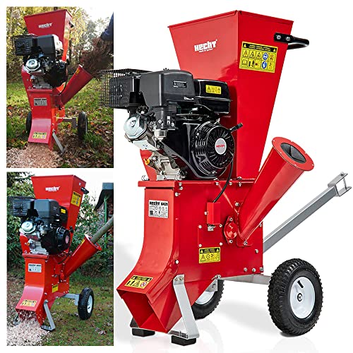 HECHT Benzin Häcksler groß mit kraftvollem 13 PS 4 - Takt Motor & 389 ccm – Schredder ideal für Gartenabfälle, Ast werk & Holz bis zu 89 mm Durchmesser – mit zwei Einfülltrichter, Fahrwerk, Deichsel von Hecht
