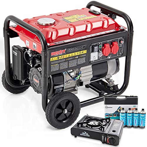 HECHT Notstromaggregat – 3000W– Stromaggregat mit Fahrwerk – 7 PS Benzin 4-Takt Motor – 2x 230V – 1x 12V – Ölmangelschutz – 15 l Tank – Tankanzeige – Stromerzeuger PLUS Gaskocher GK-227 + 4 x 227g Gas von Hecht