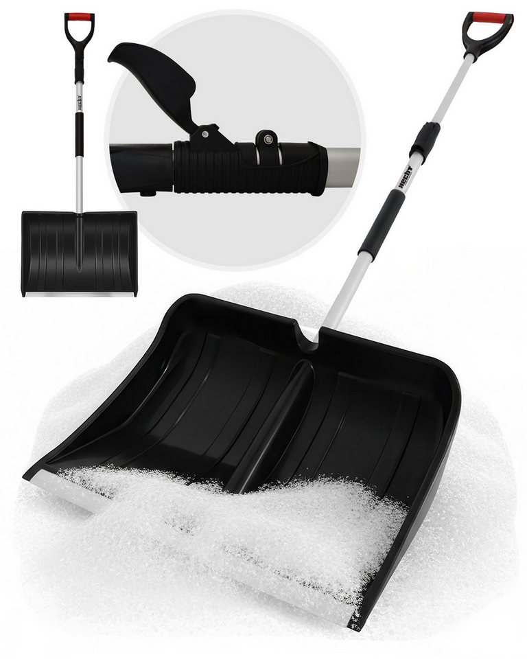 Hecht Schneeschieber Schneeschaufel Teleskop Aluminium mit Metallkante, 49 cm Arbeitsbreite, mit 155,5 cm langem Stiel, 1,38 kg, Ergonomisch, Metallkante, D-Griff, Kunststoff Schnee Schaufel von Hecht