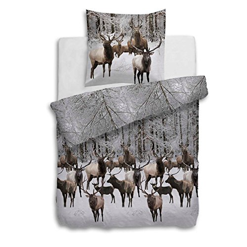 Heckett & Lane Flanell Biber Bettwäsche Ralph I Göße 135x200 80x80cm I Farbe Taupe I Design Winterlandschaft Winterwald Hirsch Deer Rentier Reindeer von Heckett Lane