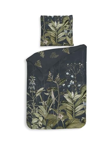 Heckett & Lane Mako-Satin Bettwäsche 135x200 Holly Navy Blue Farn Blumen Gräser von Heckett & Lane