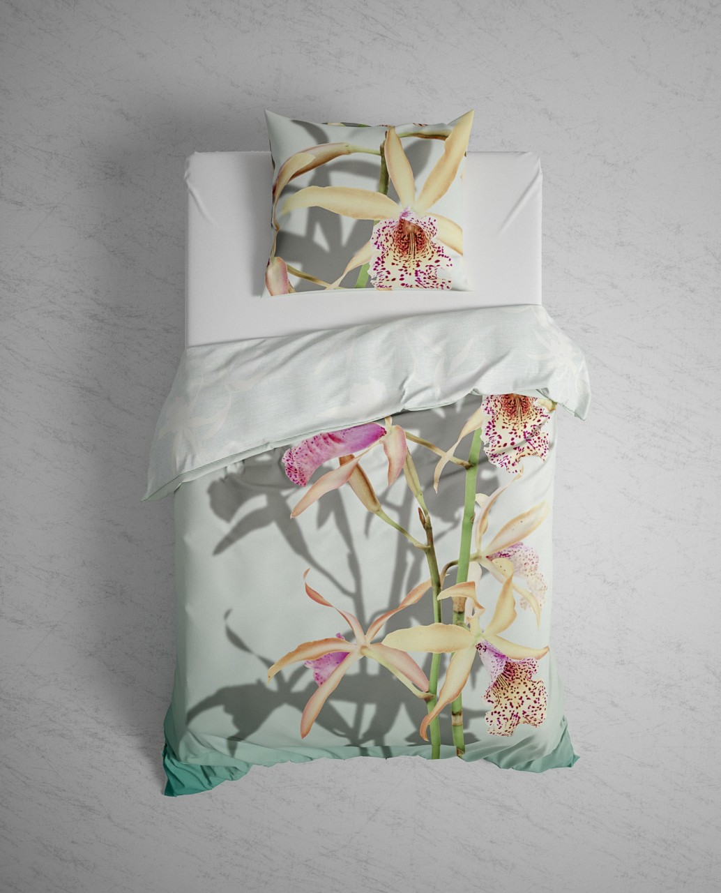 Heckett & Lane Mako-Satin Eco Bettwäsche 135x200 Isla Orchidee Blumen gelb mint von Heckett & Lane