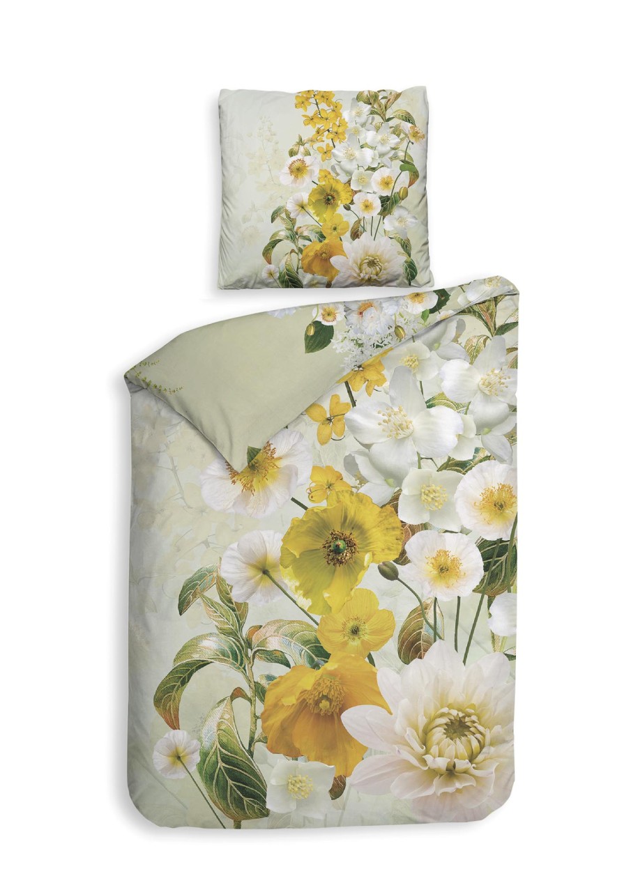 Heckett & Lane Mako-Satin Eco Bettwäsche 155x220 Daly Quiet Blumen gelb weiß von Heckett & Lane