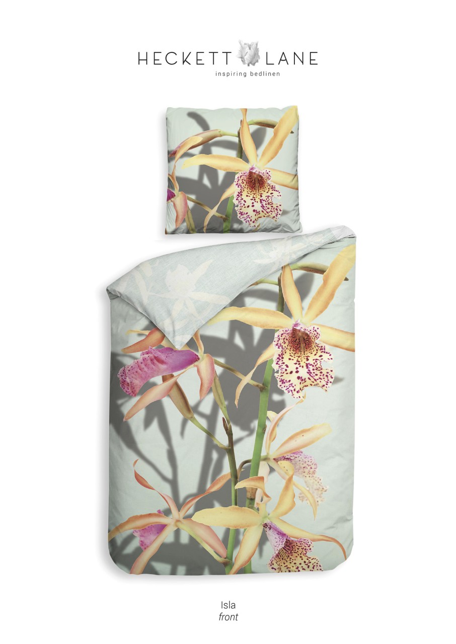 Heckett & Lane Mako-Satin Eco Bettwäsche 155x220 Isla Orchidee Blumen gelb mint von Heckett & Lane