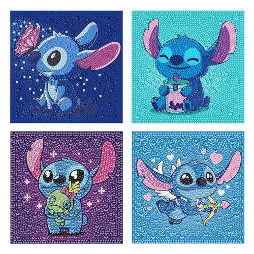 HecticCore 4er Pack Diamant Painting Kinder, Niedliche Stitch 5D DIY Diamant Kunst Mosaik Sets für Anfänger, Vollrundbohrer Edelstein-Kunst für Zuhause Wanddekoration,Mädchen Geschenk 15x15cm von HecticCore