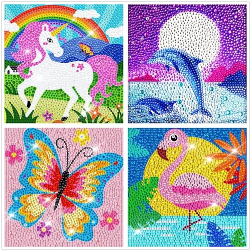 HecticCore 4er Pack Diamant Painting Kinder, Niedliche Tiere 5D DIY Diamant Kunst Mosaik Sets für Anfänger, Vollrundbohrer Edelstein-Kunst für Zuhause Wanddekoration,Mädchen Geschenk15x15cm von HecticCore