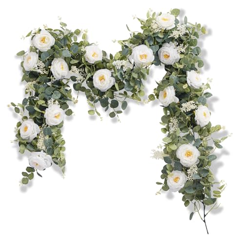 HecticCore Eukalyptus blumengirlande deko Girlande mit 8 künstlichen Weiß Rosen, Kunstblumen Hängepflanze Rebe Fake Flowers, geeignet für willkommensschild Hochzeit und dekorative Bögen, Partys von HecticCore