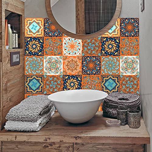 Fliesenaufkleber 15X15 Orange Mandala Klebefliesen,Küche Wandaufkleber,Diy Fliesenfolie Für Badezimmer，Wasserdicht Selbstklebende Treppenaufkleber（10Pcs） von Hecto