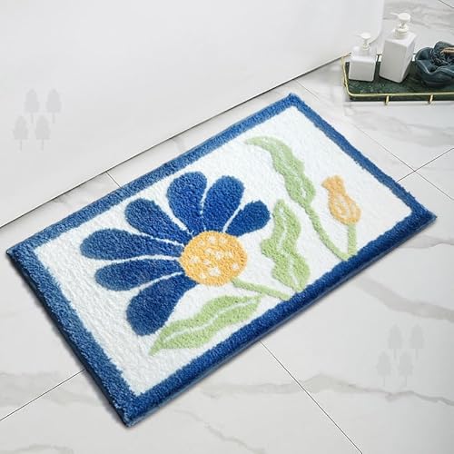 Hecto Badezimmermatte rutschfest 50X80Cm Blaue Blume Badematte rutschfest,Badezimmerteppich Absorbent,Badematte Washable for Bathroom,Schnelltrocknende Badvorleger von Hecto