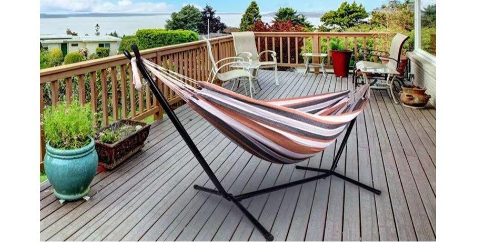 Hedo Hängematte Doppelhängematte für Camping und Garten mit Stahlgestell - gestreift Hedo Hängematte Doppelhängematte für Camping und Garten mit Stahlgestell - gestreift von Hedo