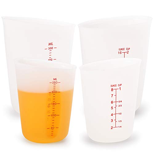 Hedume Set mit 4 flexiblen Silikon-Messbechern mit Markierung, 2 Packungen à 227 ml (1 Tasse) und 2 Packungen à 473 ml (2 Tassen) aus Silikon zum Drücken und Ausgießen von Hedume