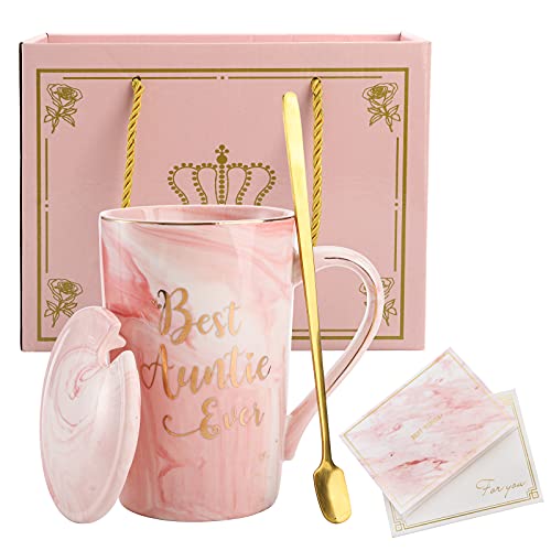 Hedume Tasse mit Aufschrift "Best Auntie Ever", 340 ml, rosa Marmor-Kaffeetasse mit Geschenkbox und Grußkarte, Tante Geschenke von Nichte und Neffe, lustige Geburtstagsgeschenke für Tante von Hedume
