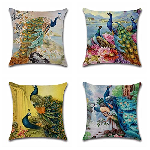 Heeboode 4er-Set Dekorativ Kissenbezug,Dekokissen,Kissenbezug,Kissenhülle,Kissenhüllen,Pillow Cover,Baumwolle,Kissenbezug 4er Set,Weihnachten Kissenbezug Tier Pfau,45x45cm von Heeboode