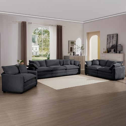 Heemab Sofagarnitur mit weichen Kissen und Kissen für Wohnzimmer, Clubs und Heimkino, grauer Stoff, Sitzplätze 5 von Heemab
