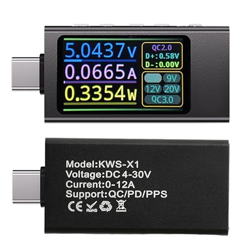 USB Tester 3.3V-40V Heemol 12A USB C Messgerät,Digital Multimeter PD3.1 QC4.0 PDO,Hochpräzise bi-direktionale Messung Spannung Strom Kapazität Voltmeter mit Schnellladeprotokoll Erkennung von Heemol