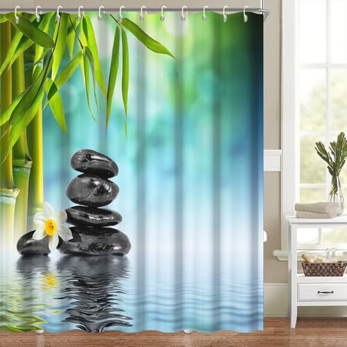 Bambus-Duschvorhang für Badezimmer, 183 x 183 cm, grün, botanisches Thema, Bambusblätter, weiße Blumensteine, Landhausstil, Badewannen-Dekorationen, waschbar, wasserdicht, Polyestergewebe mit Haken Bambus-Duschvorhang für Badezimmer, 183 x 183 cm, grün, botanisches Thema, Bambusblätter, weiße Blumensteine, Landhausstil, Badewannen-Dekorationen, waschbar, wasserdicht, Polyestergewebe mit Haken von Heevnttiy