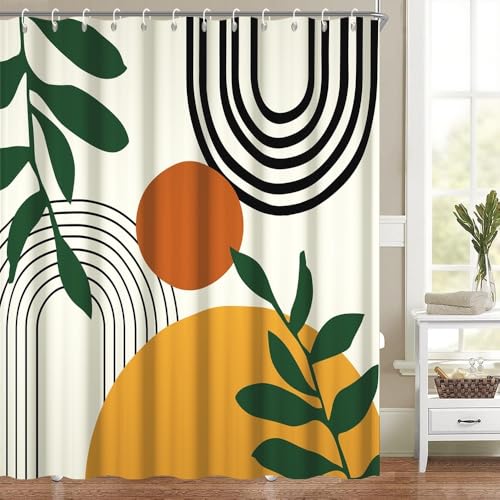 Boho Mid Century Duschvorhänge für Badezimmer, abstrakt, minimalistisch, Badezimmer-Set, Dekorstreifen, Palmblätter, schick, ästhetisch, Badewannenvorhänge, waschbar, wasserdicht, Polyestergewebe mit Boho Mid Century Duschvorhänge für Badezimmer, abstrakt, minimalistisch, Badezimmer-Set, Dekorstreifen, Palmblätter, schick, ästhetisch, Badewannenvorhänge, waschbar, wasserdicht, Polyestergewebe mit von Heevnttiy