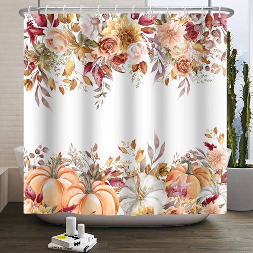 Duschvorhang für Badezimmer, Kürbisse, gefallene Blätter, buntes Blumenmuster, Herbsternte, Erntedankfest, Bauernhaus-Dekoration, waschbar, wasserdicht, Polyester-Stoff mit Haken, 183 x 183 cm Duschvorhang für Badezimmer, Kürbisse, gefallene Blätter, buntes Blumenmuster, Herbsternte, Erntedankfest, Bauernhaus-Dekoration, waschbar, wasserdicht, Polyester-Stoff mit Haken, 183 x 183 cm von Heevnttiy