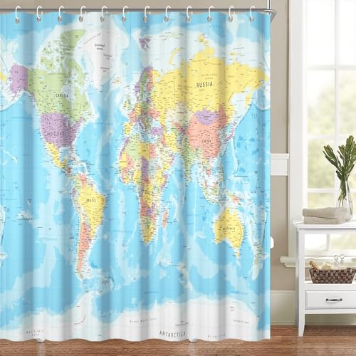 Duschvorhang mit Weltkarte, 183 x 183 cm, für Badezimmer, Länder und Städte, Badewannen-Vorhänge, Kinder-Badezimmer-Dekor, Geographie, pädagogischer Badezimmer, Duschvorhang, waschbar, wasserdicht Duschvorhang mit Weltkarte, 183 x 183 cm, für Badezimmer, Länder und Städte, Badewannen-Vorhänge, Kinder-Badezimmer-Dekor, Geographie, pädagogischer Badezimmer, Duschvorhang, waschbar, wasserdicht von Heevnttiy