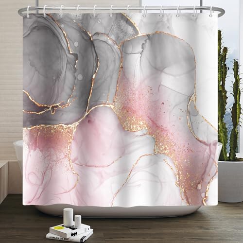 Heevnttiy Duschvorhang für Badezimmer, modern, abstrakt, luxuriös, Kunst, Tinte, Textur, Aquarell, waschbar, wasserdicht, Polyestergewebe mit Haken, 183 x 183 cm, Grau / Rosa / Gold von Heevnttiy