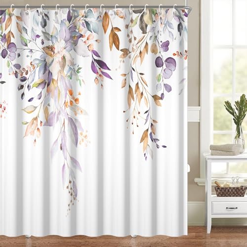 Heevnttiy Duschvorhang mit Blumenmuster, 183 x 183 cm, Hellviolett und Hellbraun, romantische Tuschemalerei, Eukalyptusblätter, Aquarell, Badewannenvorhang, wasserdichtes Polyestergewebe Heevnttiy Duschvorhang mit Blumenmuster, 183 x 183 cm, Hellviolett und Hellbraun, romantische Tuschemalerei, Eukalyptusblätter, Aquarell, Badewannenvorhang, wasserdichtes Polyestergewebe von Heevnttiy