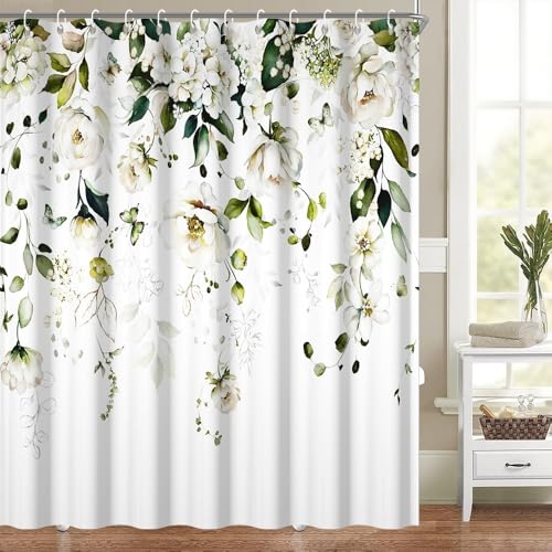 Heevnttiy Duschvorhang mit Blumenmuster, Blumen, Schmetterlinge, Eukalyptusblätter, romantischer Aquarell-Badewannenvorhang, wasserdicht, Polyester-Stoff, Duschvorhang-Set mit Haken, 183 x 183 cm Heevnttiy Duschvorhang mit Blumenmuster, Blumen, Schmetterlinge, Eukalyptusblätter, romantischer Aquarell-Badewannenvorhang, wasserdicht, Polyester-Stoff, Duschvorhang-Set mit Haken, 183 x 183 cm von Heevnttiy