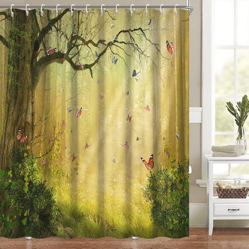 Märchenwald-Duschvorhang für Badezimmer, verzauberter grüner Dschungelwald, Sonnenschein, Schmetterlinge, Duschvorhänge für Mädchen, Badezimmer-Set, Dekoration, waschbar, wasserdicht, Polyestergewebe Märchenwald-Duschvorhang für Badezimmer, verzauberter grüner Dschungelwald, Sonnenschein, Schmetterlinge, Duschvorhänge für Mädchen, Badezimmer-Set, Dekoration, waschbar, wasserdicht, Polyestergewebe von Heevnttiy
