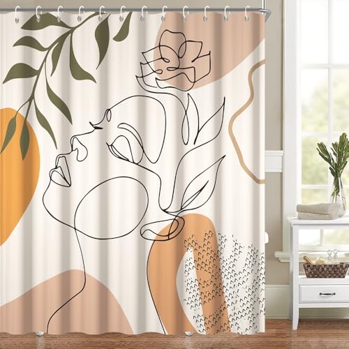 Moderner Boho-Badezimmer-Duschvorhang, abstrakt, minimalistisch, Bad-Set, Dekoration, Damen, Portraitstreifen, Palmblätter, schick, ästhetisch, Badewannen-Vorhänge, waschbar, wasserdicht Moderner Boho-Badezimmer-Duschvorhang, abstrakt, minimalistisch, Bad-Set, Dekoration, Damen, Portraitstreifen, Palmblätter, schick, ästhetisch, Badewannen-Vorhänge, waschbar, wasserdicht von Heevnttiy