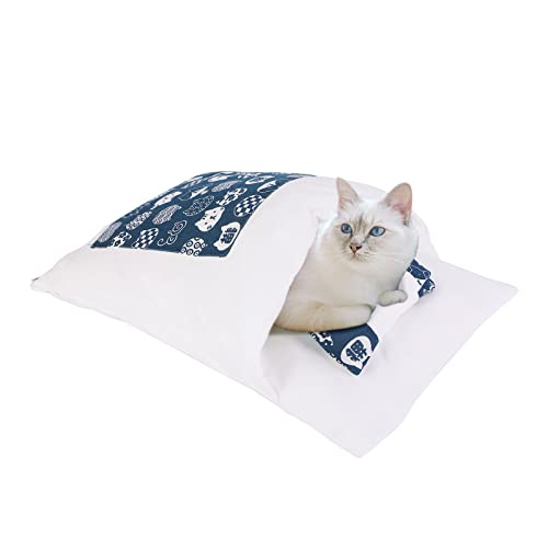 Heflashor Katzenschlafsack Flauschig Warmer Katzenbett Abnehmbare Katzenmatte waschbare Haustierstreu Katzenhöhle Kleines Haustierbett für Katzen Hunde(Marine，L-65x50cm) von Heflashor