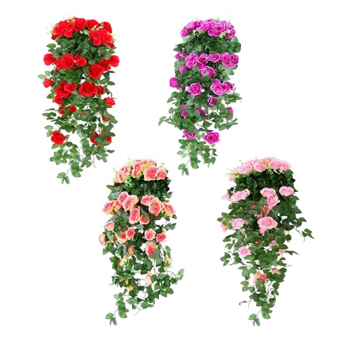 Heflashor Künstliche Hängende Blumen, Veilchen Hängende Kunstblumen, Künstliche Hängepflanzen Girlande Plastikblumen Wanddekoration für Haus Garten Hochzeit Büro,4PCS Rosa von Heflashor