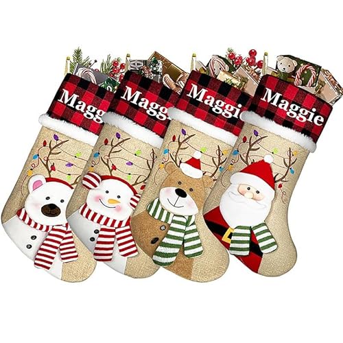 Personalisiert Weihnachtsstrumpf mit Namen Große Nnikolausstiefel mit 3D Christmas Decorations zum Aufhängen & Befüllen Xmas Socken für Familien Geschenk,Lichterkette-Geweih Weihnachtsstrumpf,2 von Heflashor
