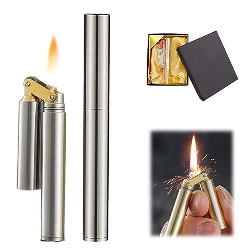 Kerosin-Kupfer-Feuerzeug,Kerosene Copper Lighter, Vintage Trench Lighter, Windproof Brass Lighter,Wheel Kerosene Lighter with Gift Box, Unique Gifts for Men Dad Husband (Silvery) von Hehimin