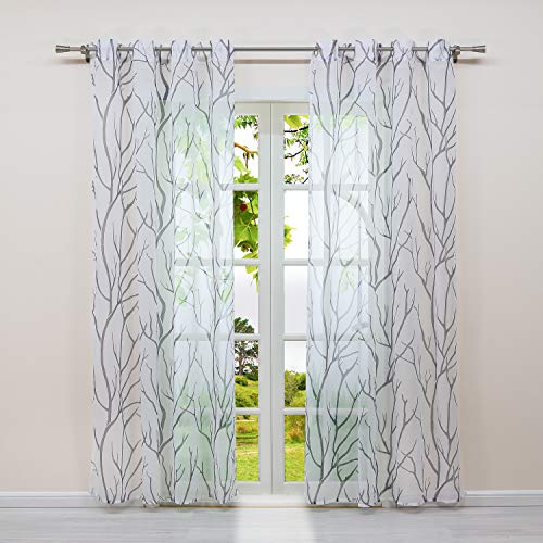 HeichkelL 1 Stück Voile Transparente Gardine Dekovorhang für Wohnzimmer fein gewebter Store >Baumzweige< Serie 1 Ösenaufhängung Weiß-Grau B×H 140×145cm von HeichkelL