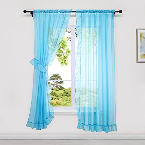 HeichkelL 2er Gardinen Glatt Volant Transparente Vorhänge mit Rüschen Fensterschals Tunnelzug Gardinenstores für Mädchnzimmer Blau, BxH 150x155 cm (je Stück) von HeichkelL