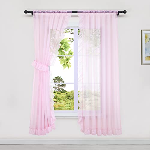 HeichkelL 2er Gardinen Glatt Volant Transparente Vorhänge mit Rüschen Fensterschals Tunnelzug Gardinenstores für Mädchnzimmer Rosa, BxH 150x170 cm (je Stück) von HeichkelL