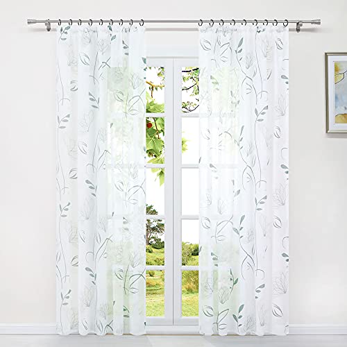 HeichkelL 2er Set Gardinen Transparent mit Kräuselband Dekoration Vorhänge für Wohnzimmer Bedruckt Fensterstores Blumen-Pflanzen Motiv Weiß-Grün BxH 140x145 cm von HeichkelL