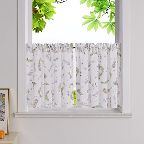 HeichkelL 2er Set Scheibengardinen Halbtransparente Bistrogardine mit Farbige Blumen- und Federmuster Landhaus Kurzstores Gardinen Weiß mit Kräuselband HöhexBreite 90x110cm von HeichkelL