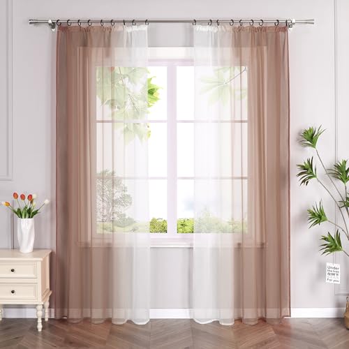 HeichkelL 2er-Set Voile Gardinen mit Kräuselband Farbverlauf Vorhänge Transparente Gardinenschals Verlaufenfarbige Fensterstores für Wohnzimmer Braun BxH 140x175cm 2 Stück von HeichkelL