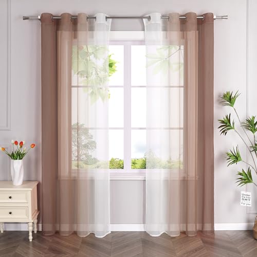 HeichkelL 2er-Set Voile Gardinen mit Ösen Farbverlauf Vorhänge Transparente Ösen Gardinenschals Verlaufenfarbige Fensterstores Braun BxH 140x225cm 2 Stück von HeichkelL