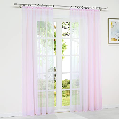 HeichkelL 2er Set Vorhänge mit Kräuselband Leinenoptik Gardinen Transparent Einfarbig für Wohnzimmer Moderne Uni Gardinenschals 2 Stück BxH 140x245 cm Pink von HeichkelL